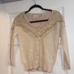 Anthropologie Guinevere Cream Cardigan with Gold Embroidery